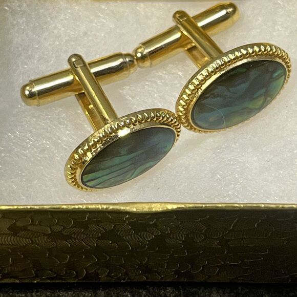 Vtg Gents Cufflinks Abalone Shell & Yellow Gold Plated Links MCM Retro Wedding - Picture 3 of 5
